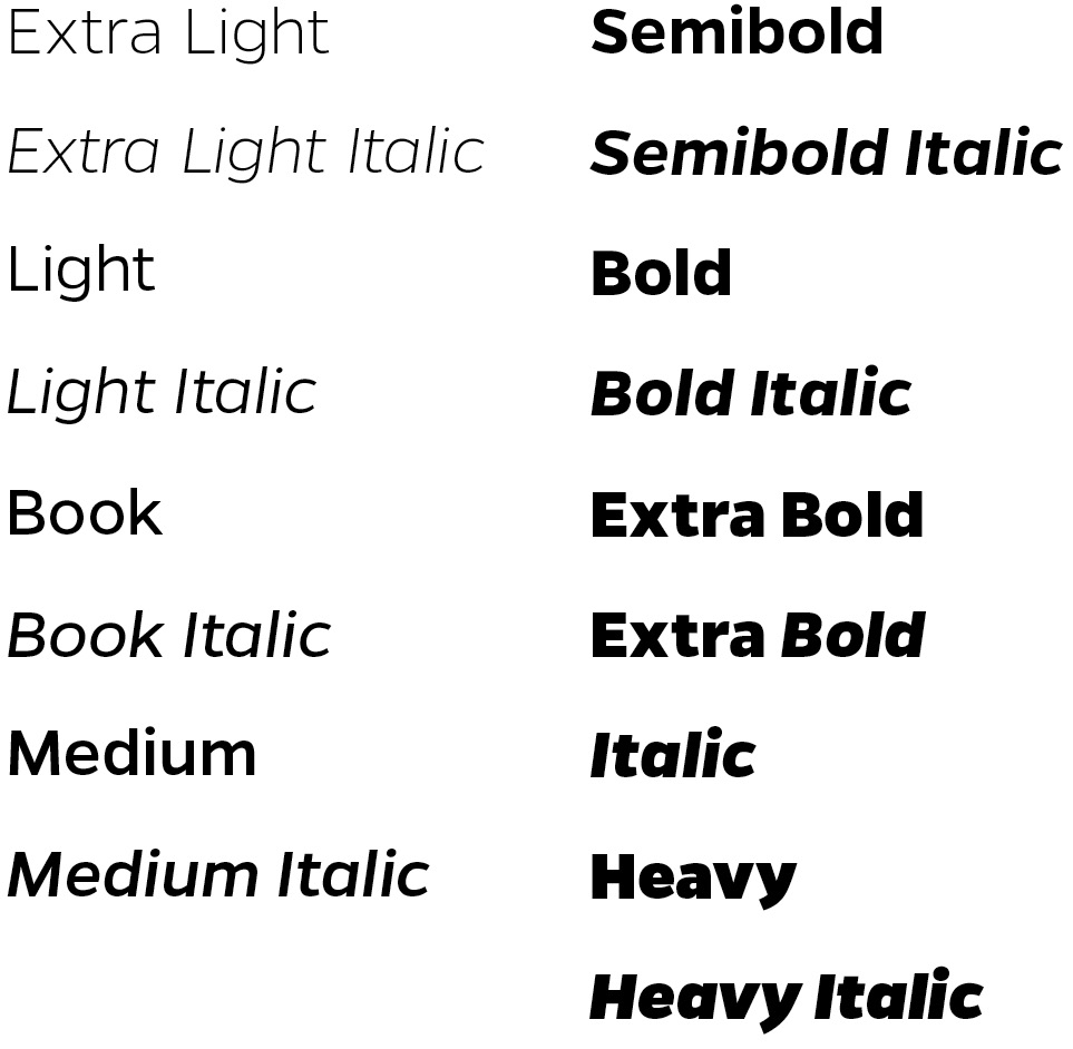 Examples of Gentona font's weights ranging from extra light to heavy