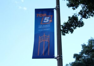 Banner shown installed on campus light pole