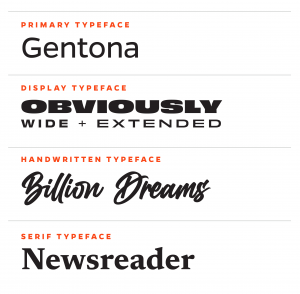 Examples of font families: Primary Typeface: Gentona. Display Typeface: Obviously Wide and Extended. Handwritten Typeface: Billion Dreams. Serif Typeface: Newsreader.