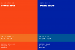 Core Orange: PMS 172; CMYK 0/70/100/0; RGB 250/70/22, HEX #FA4616. Core Blue: PMS 287; CMYK 100/60/0/20; RGB 0/33/165; HEX #0021A5
