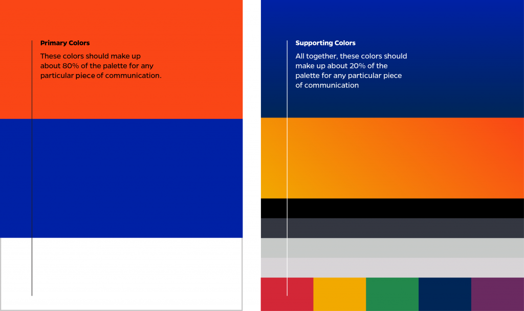 Color Chart. Primary colors of Orange and blue, plus white. Supporting colors of blue gradient, orange gradient, black, dark grey, medium grey, light cool grey, light warm grey, red, yellow, green, dark blue, and purple.