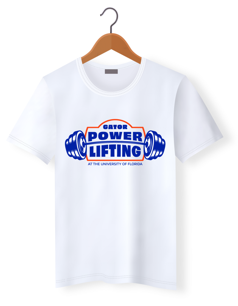 USSO t-shirt example. A barbell stretches across the logo. Gator Power Lifting spans the bar between. An orange frame goes around the text and behind the barbell. "AT THE UNIVERSITY OF FLORIDA" is below the logo.