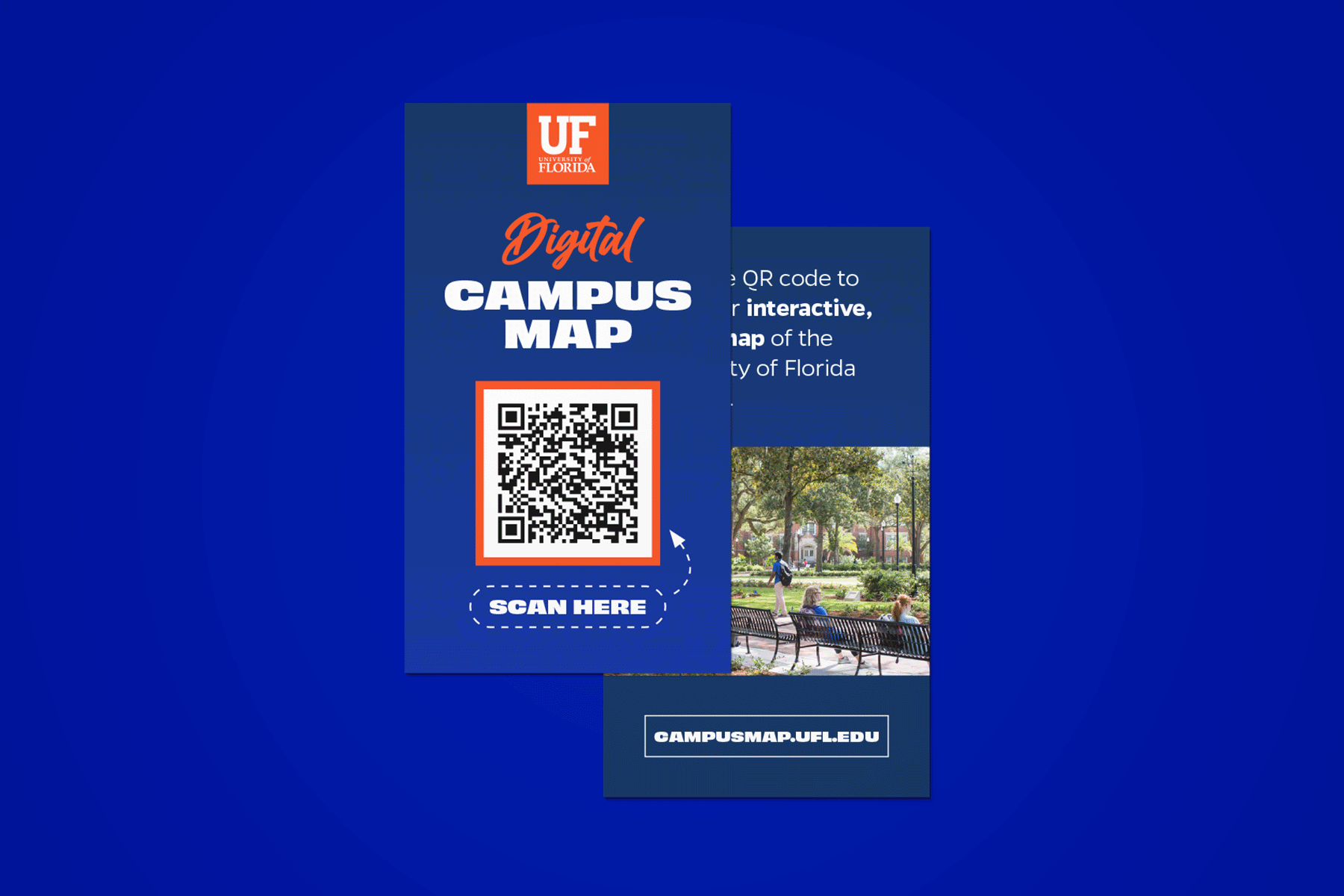 A business card sized campus map with a QR code on the front and a campus photo with instructions on how to use the QR code on the back.