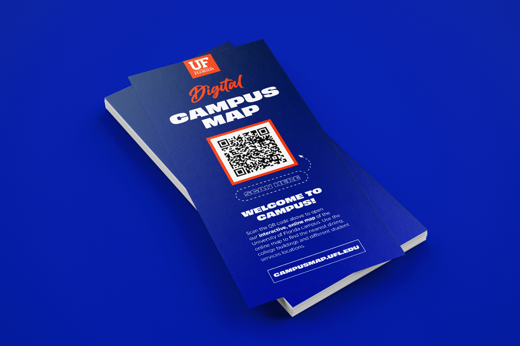 A handout campus map flyer with a QR code on the front and instructions on how to use the QR code.