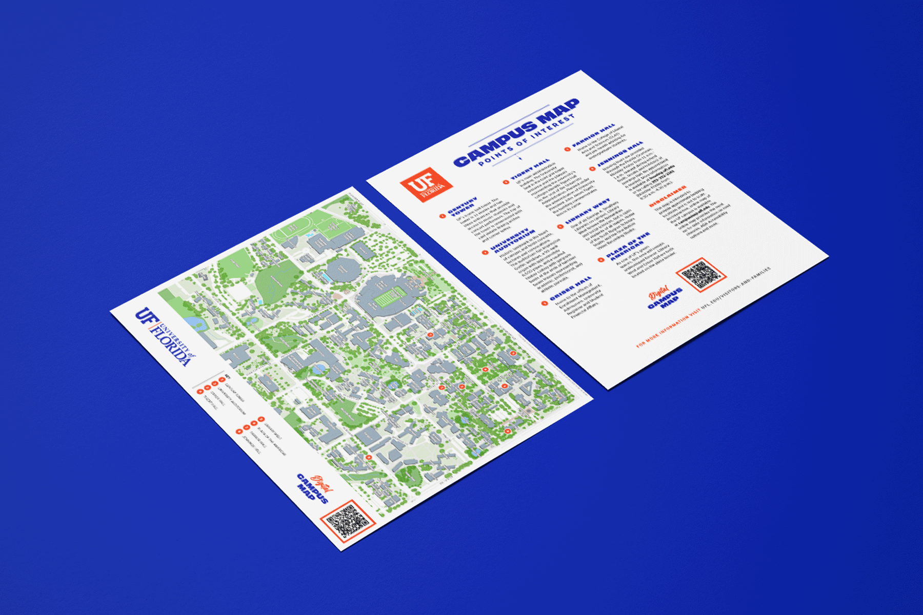 Double-sided campus map print-out mockup showing points of interest on a standard map and a detailed guide to each point of interest on the back.