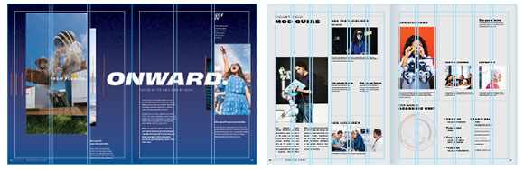 Page spreads using different compositional grids.