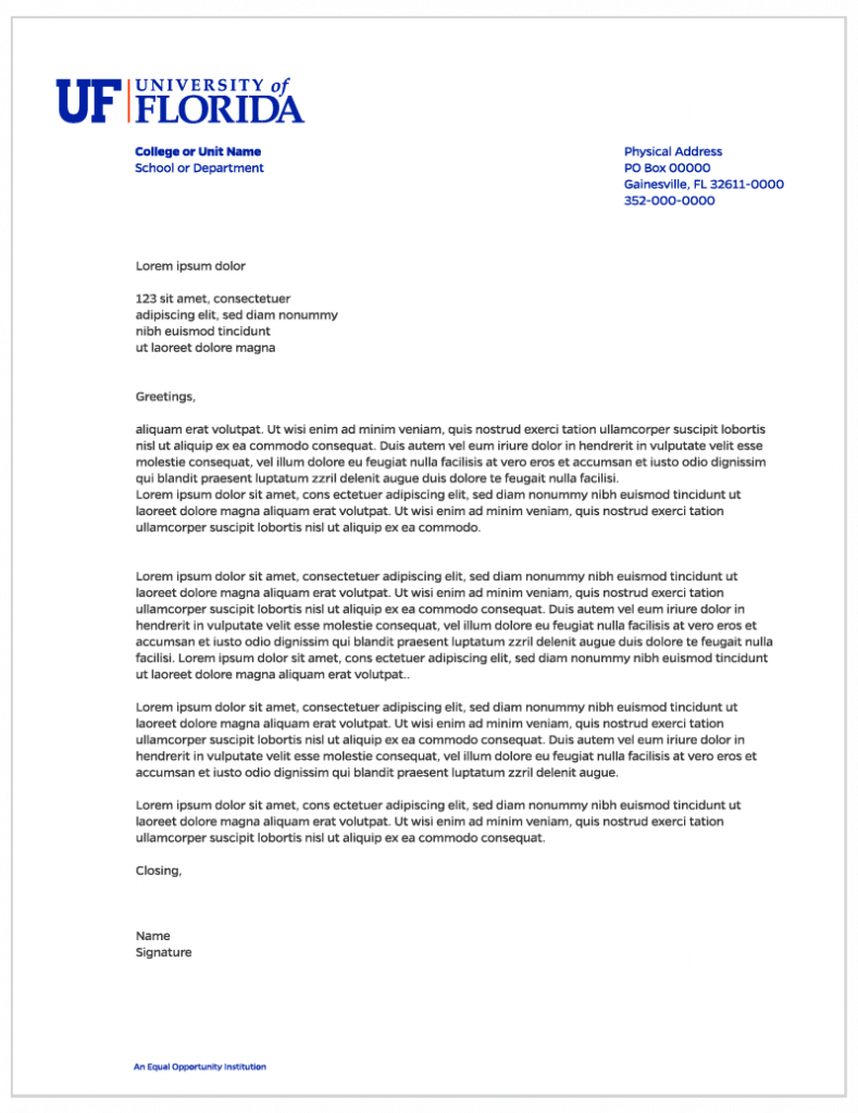 Example of UF letterhead template in use